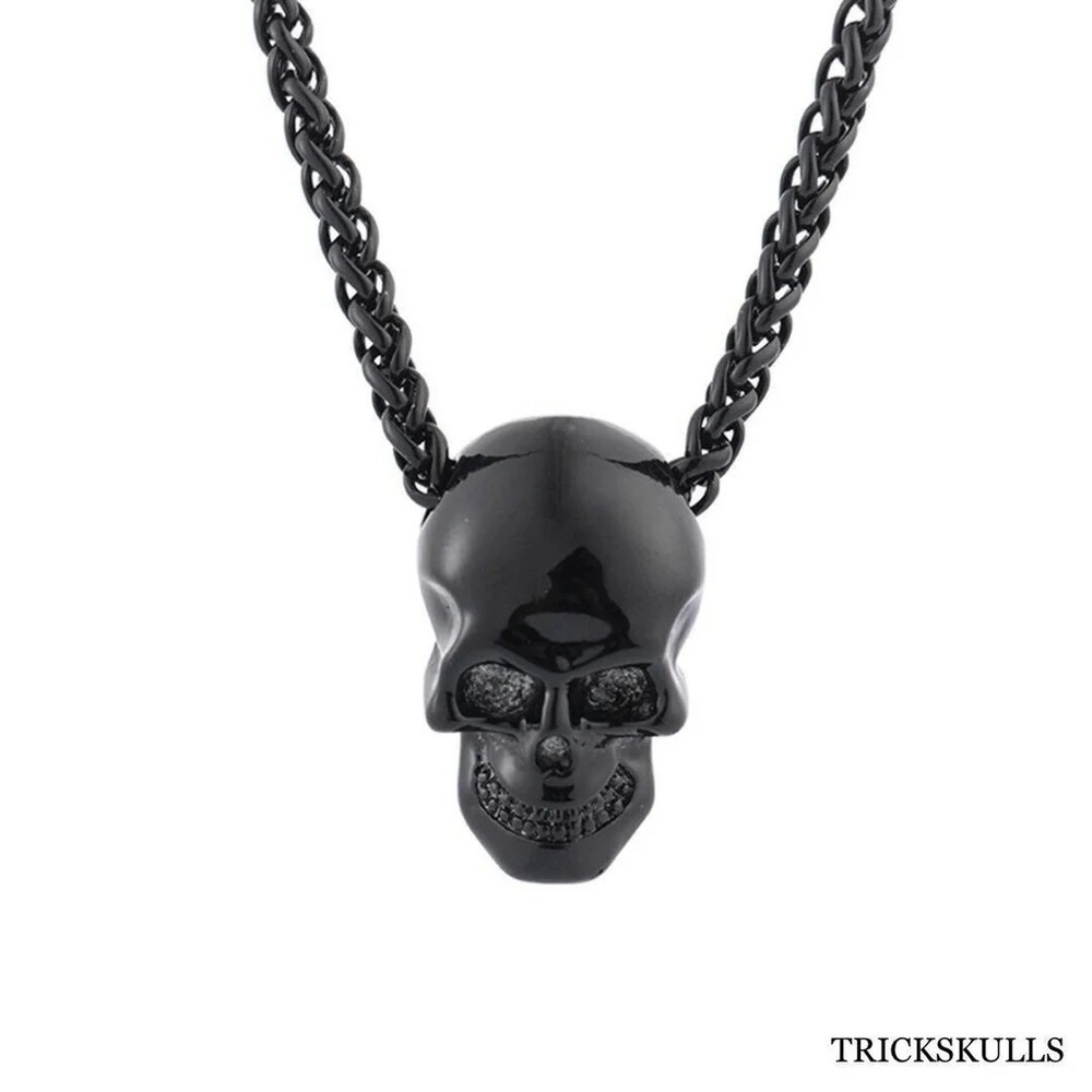 Dark Black Skull Necklace Artisan Art Punk Skulls Design 24" Swizzle Chain New!